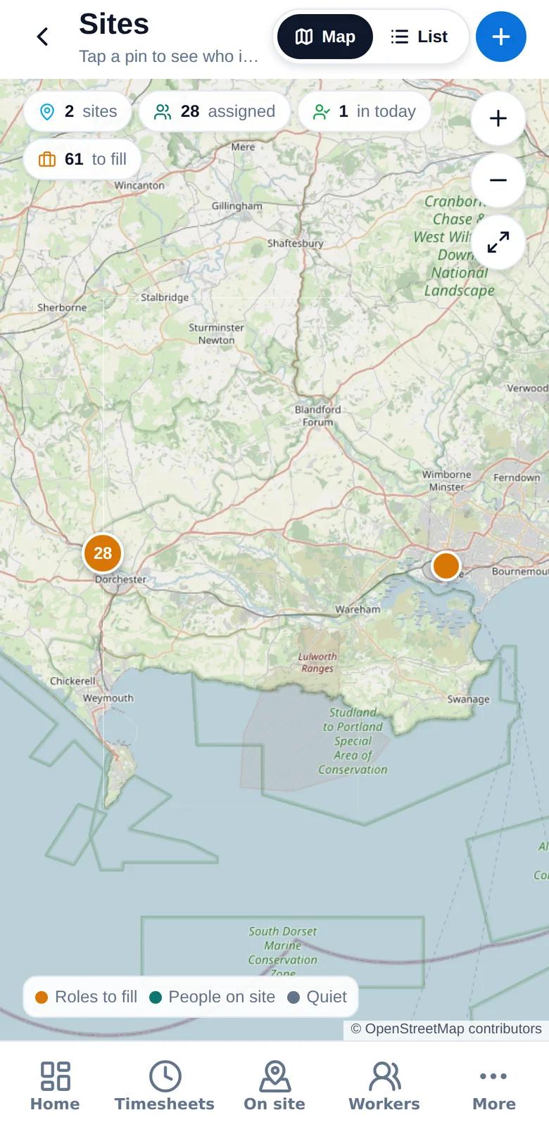 Map of the client’s sites with assigned workers and roles to fill