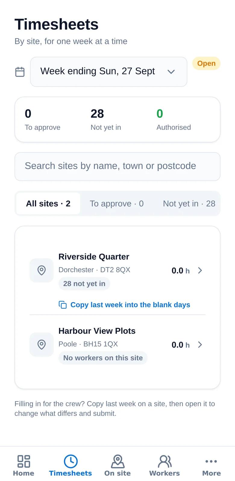 Client timesheets screen for one week, grouped by site
