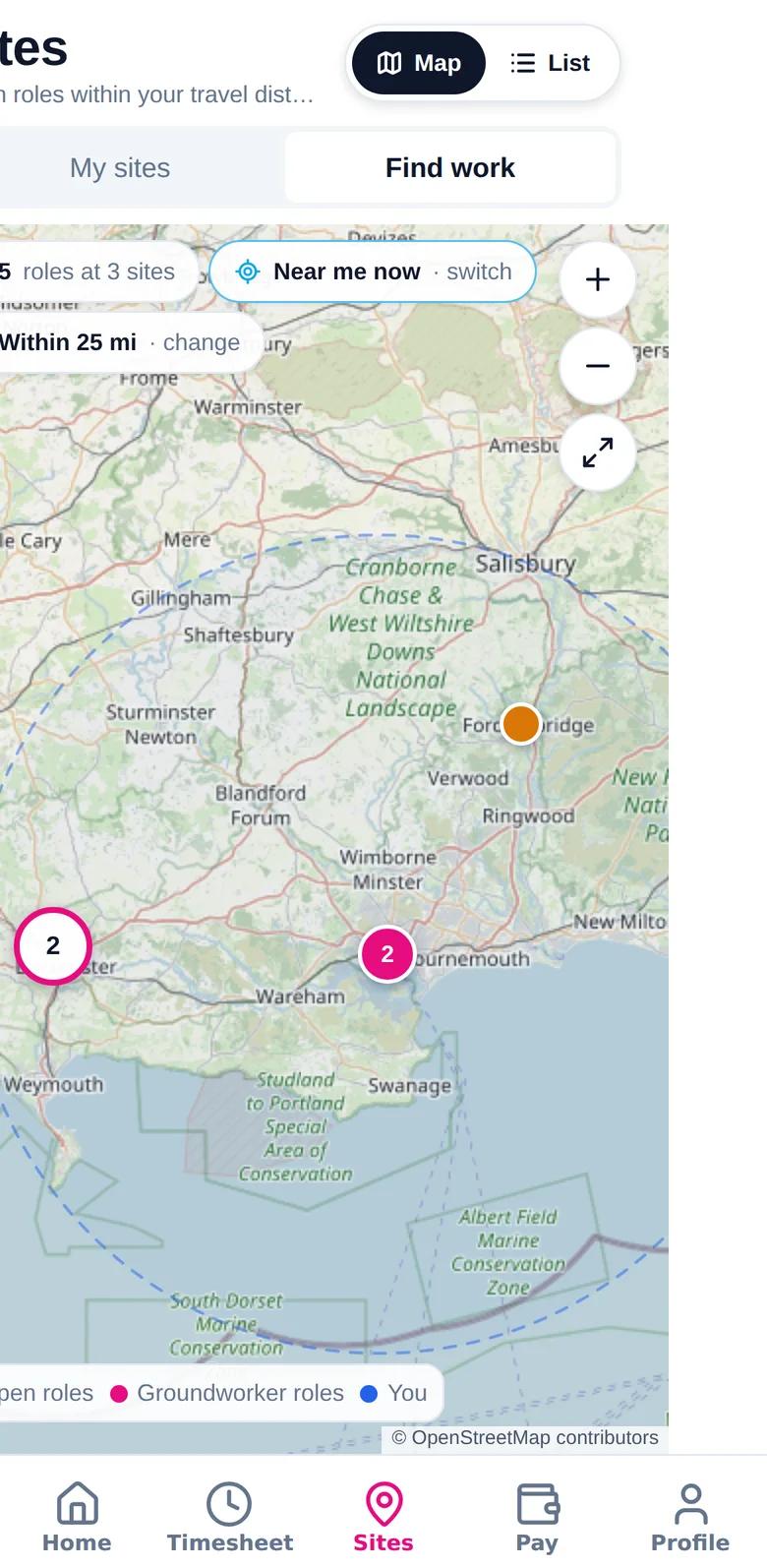 Map of open roles near the worker, with a travel-distance filter