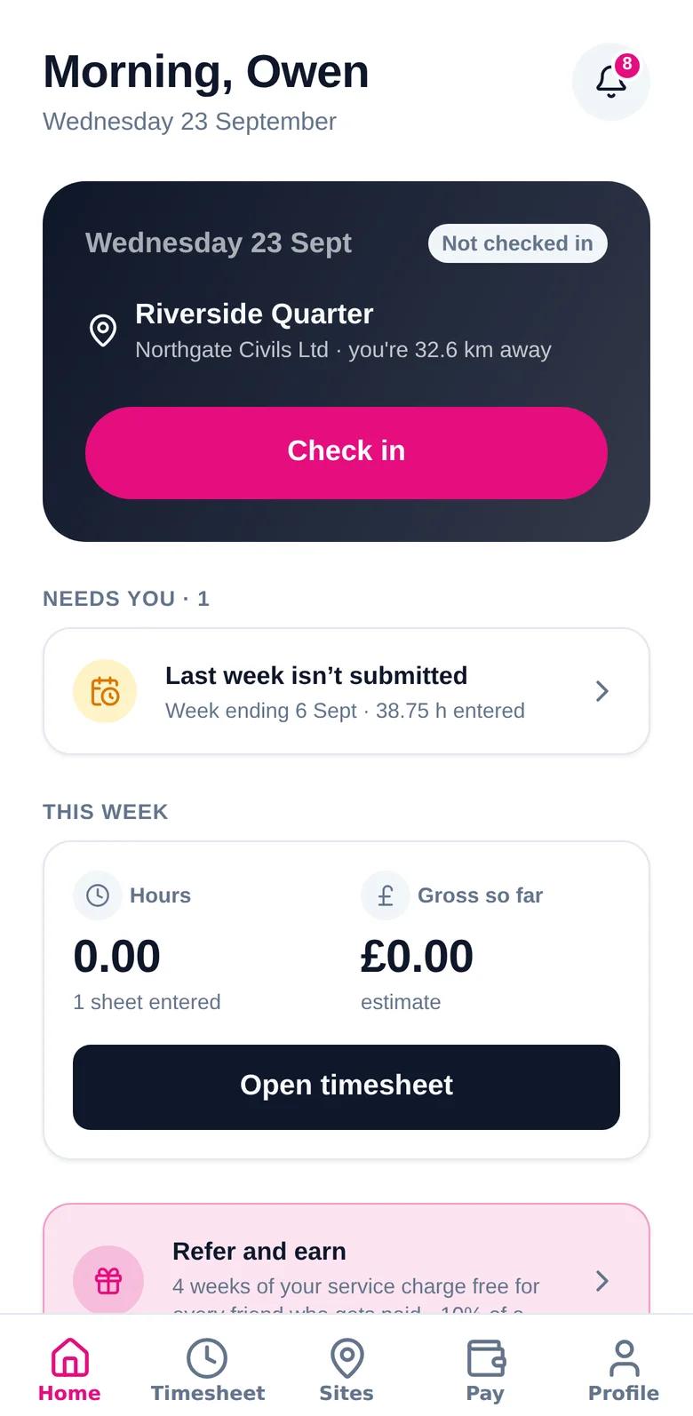 Worker view: today’s site with a Check in button