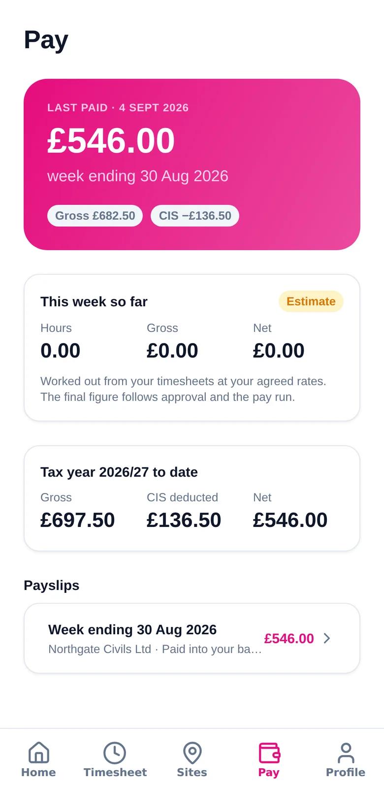 Pay screen showing the last payment, this week so far, tax year to date and payslips