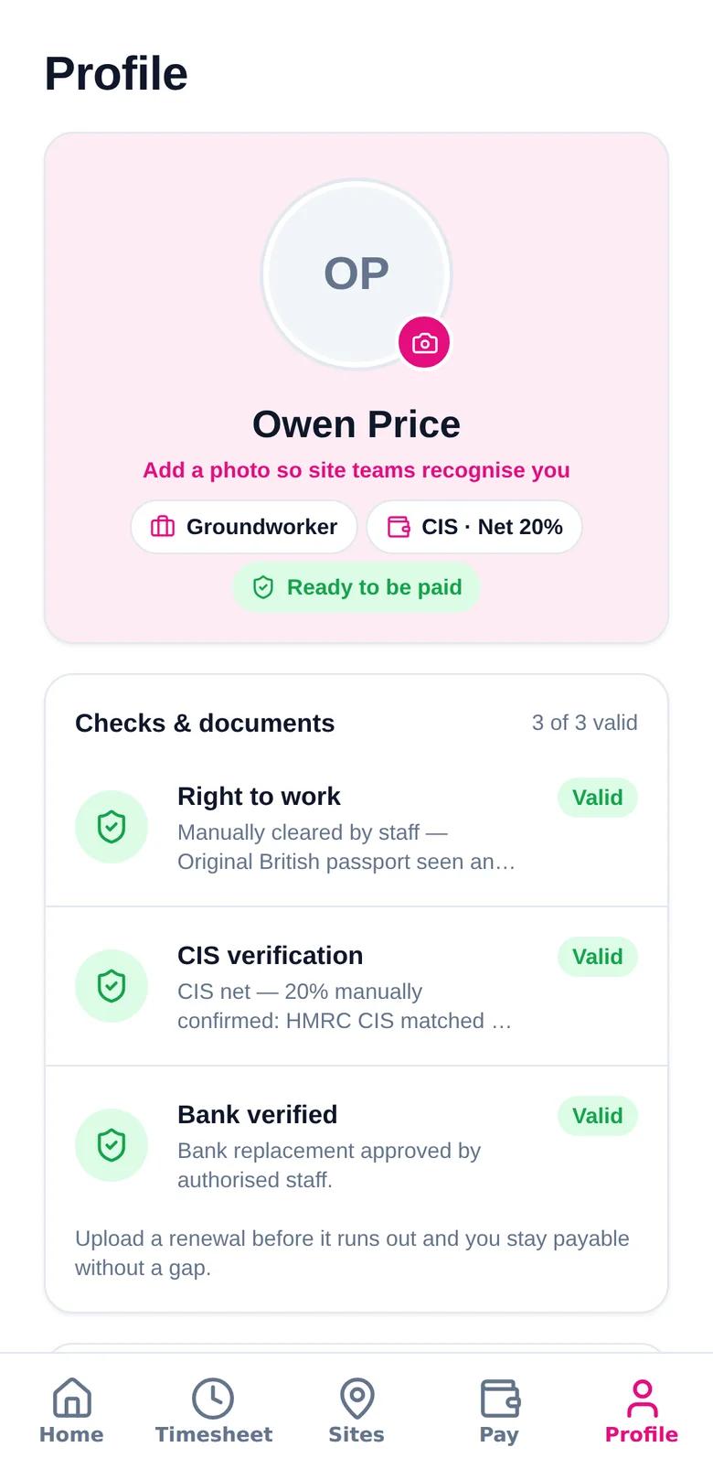 Profile screen with right to work, CIS verification and bank checks marked valid