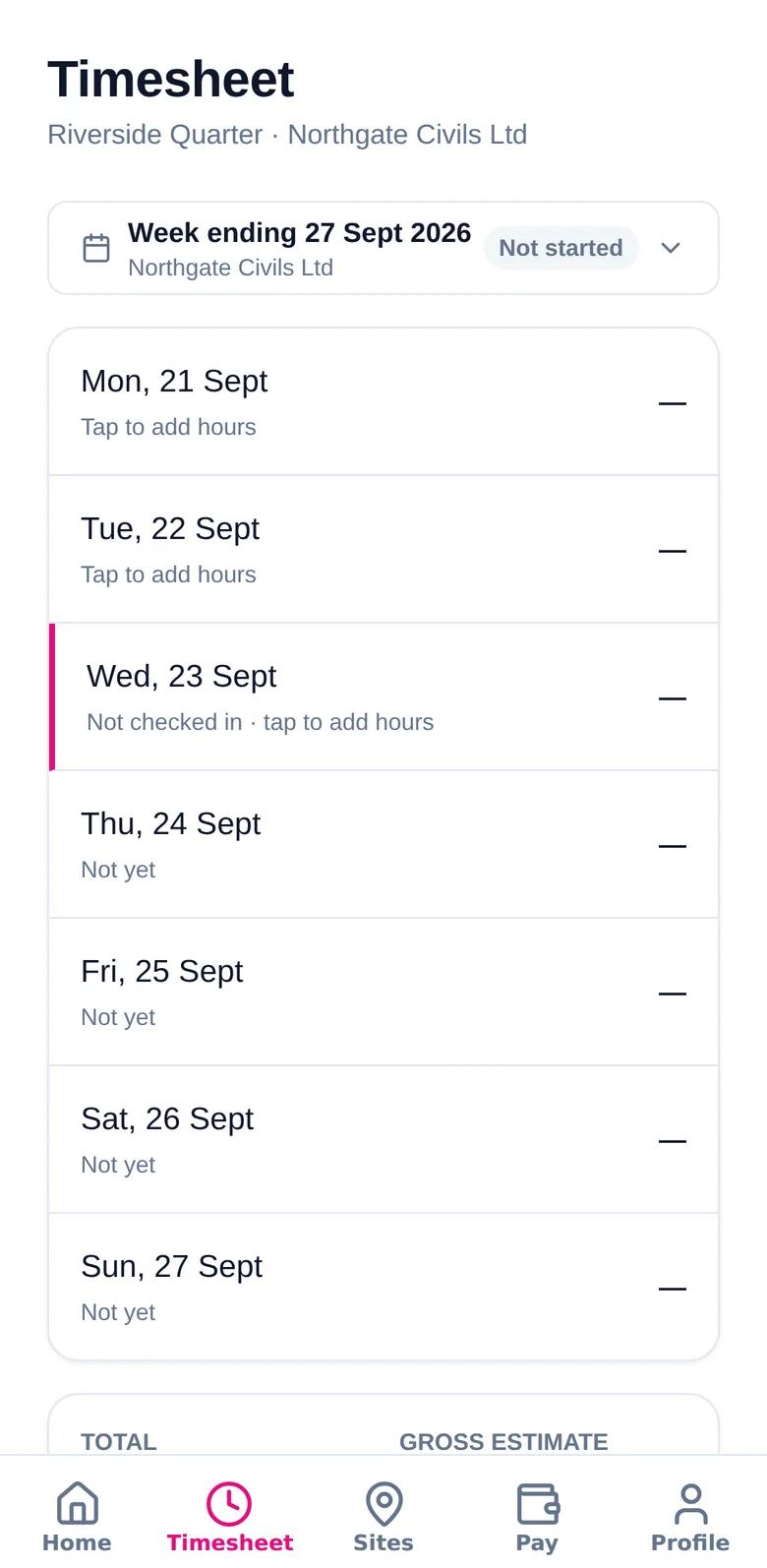 Weekly timesheet screen listing each day of the week